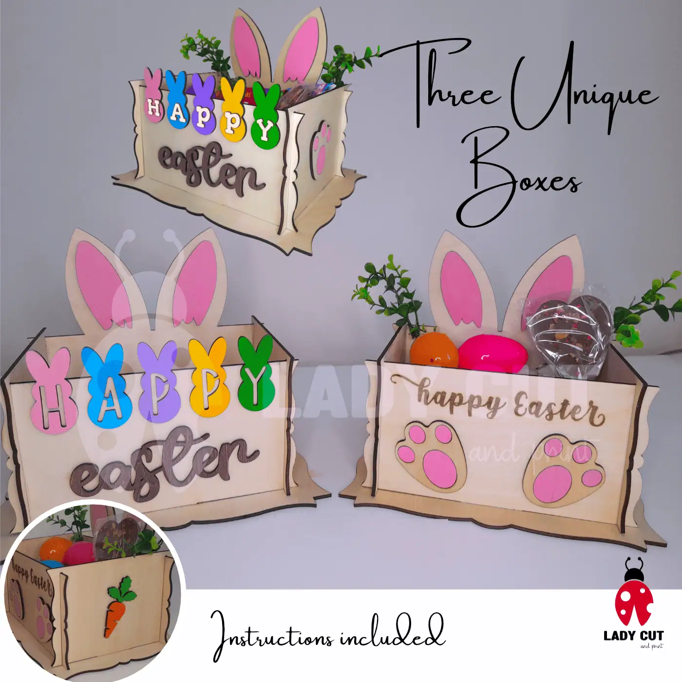3 Easter Bunny Gift Boxes/Basket – SVG & XTool Files for Laser Cutting