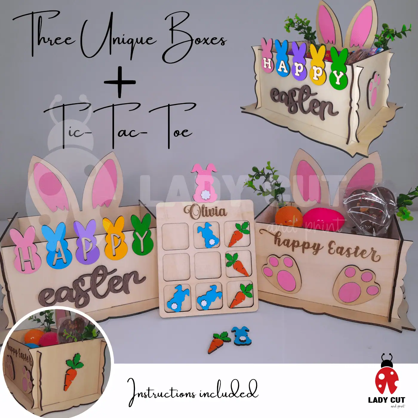 BUNDLE – 3 Easter boxes and Tic-Tac-Toe Game – Easter – SVG & XTool Files for Laser Cutting