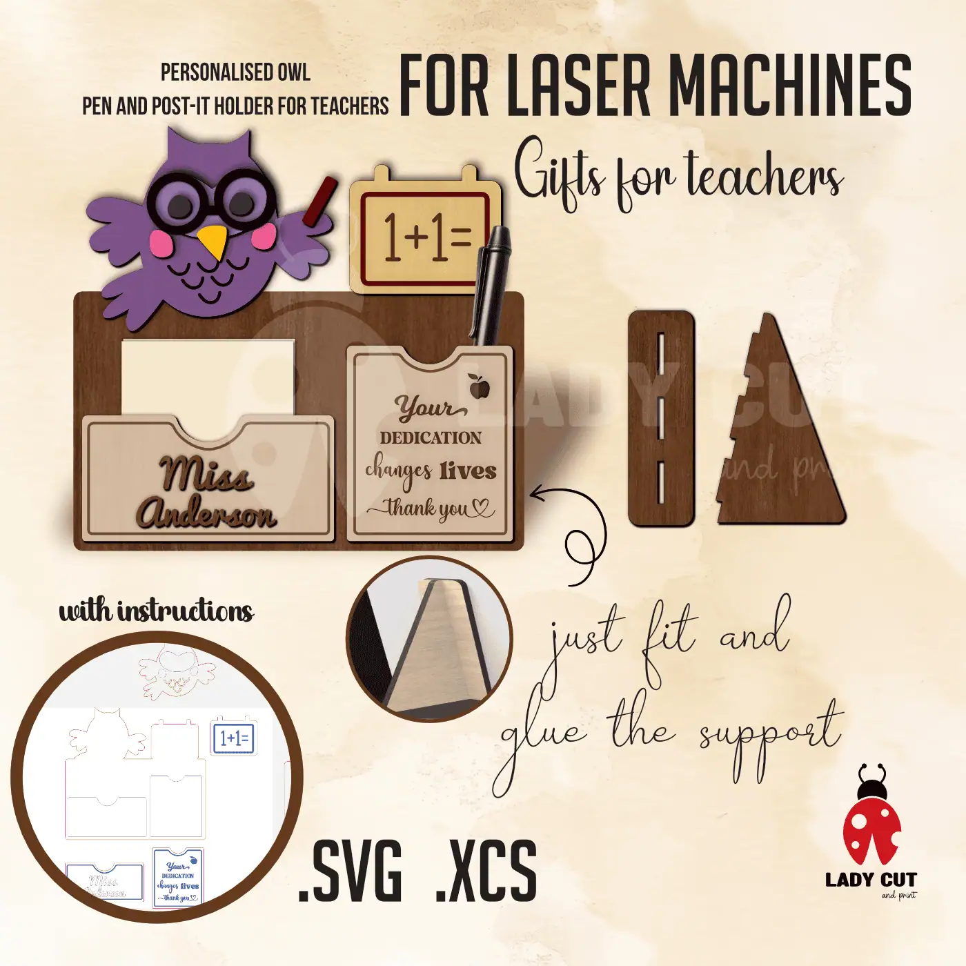 Personalized Owl Pen and Post-It Holder for Teachers – Cute & Lovely Gift (SVG & XCS Files for Laser Cutters)