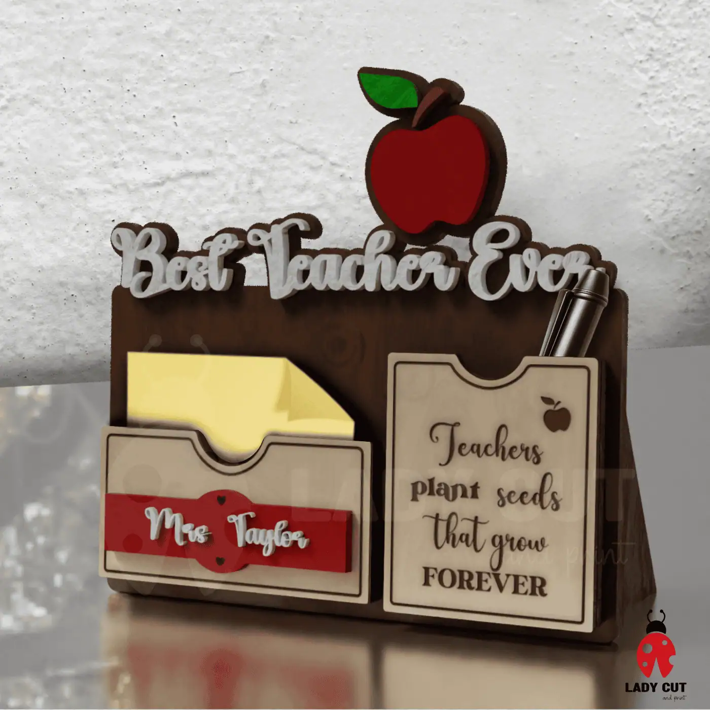 Pen and Post-It Holder for Teachers – Best teacher Ever – Cute & Lovely Gift (SVG & XCS Files for Laser Cutters)