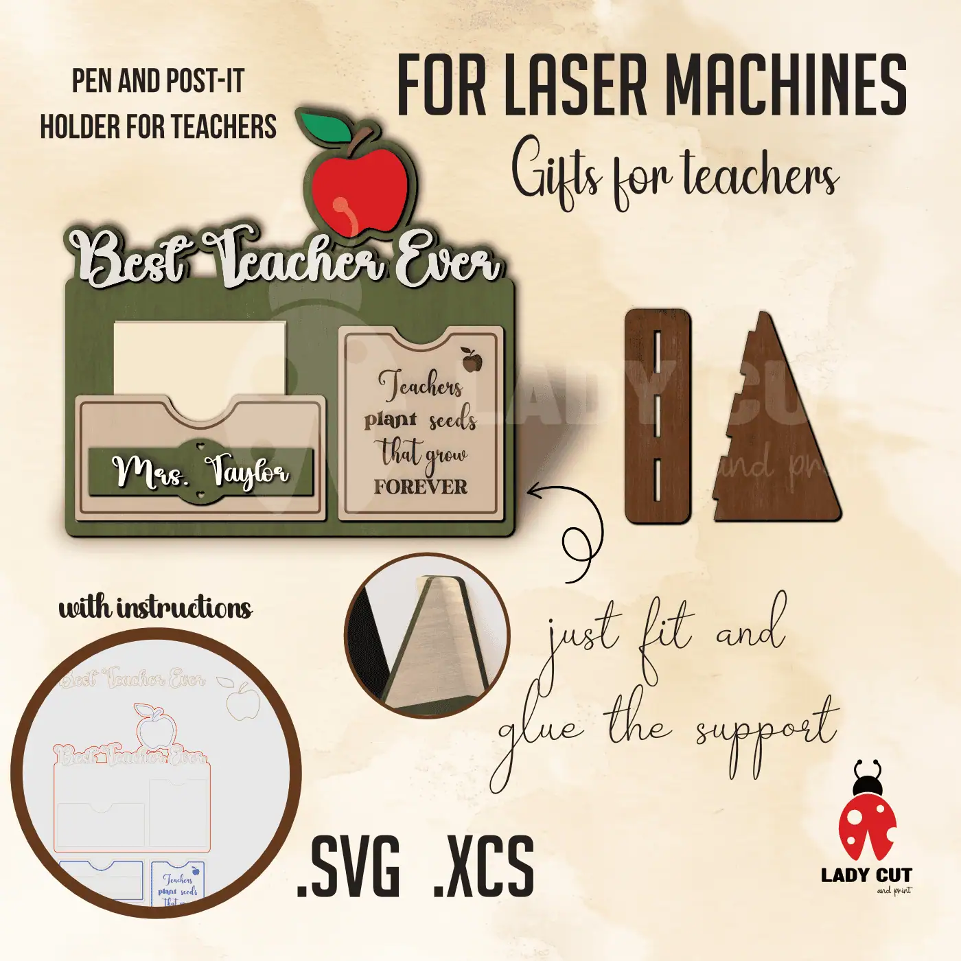Pen and Post-It Holder for Teachers – Best teacher Ever – Cute & Lovely Gift (SVG & XCS Files for Laser Cutters)