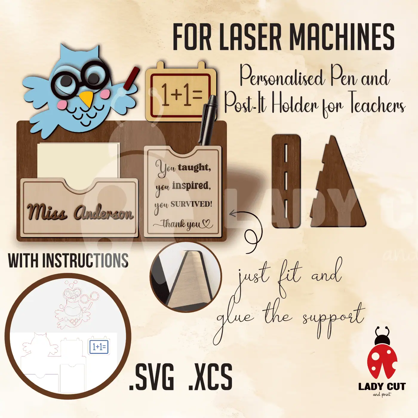 Funny Tired Owl Pen and Post-It Holder for Teachers – Cute & Lovely Gift (SVG & XCS Files for Laser Cutters)