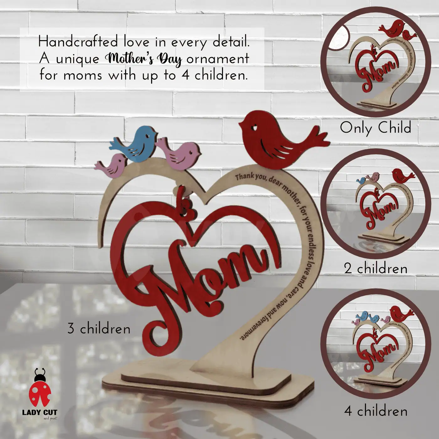 Mother’s Day SVG Ornament – Laser Cut Files for 1 to 4 Children (SVG + XCS)