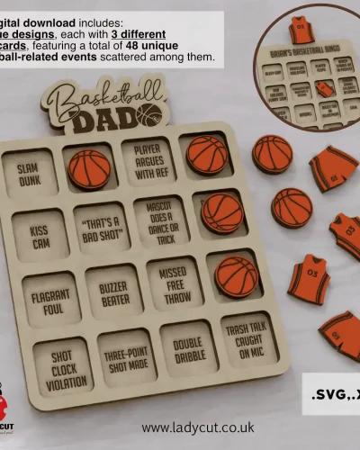 Basketball Bingo SVG & XCS – 2 Designs, 6 Cards, 48 Events – Laser Cut Game for Basketball Fans