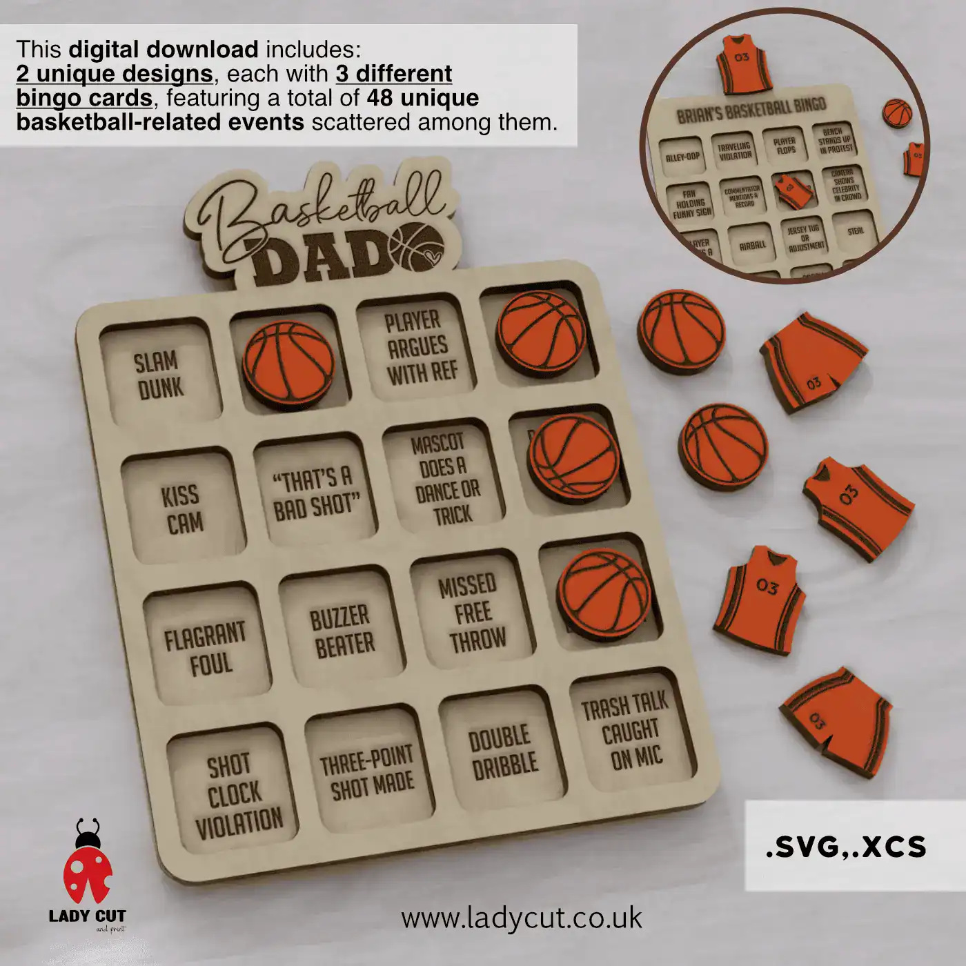 Basketball Bingo SVG & XCS – 2 Designs, 6 Cards, 48 Events – Laser Cut Game for Basketball Fans