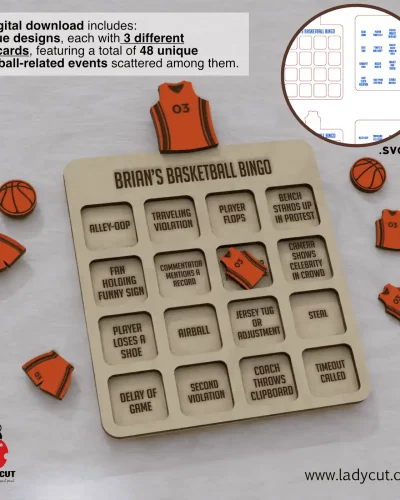 Basketball Bingo SVG & XCS – 2 Designs, 6 Cards, 48 Events – Laser Cut Game for Basketball Fans