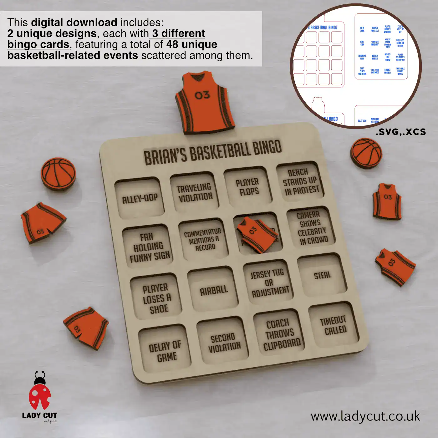 Basketball Bingo SVG & XCS – 2 Designs, 6 Cards, 48 Events – Laser Cut Game for Basketball Fans