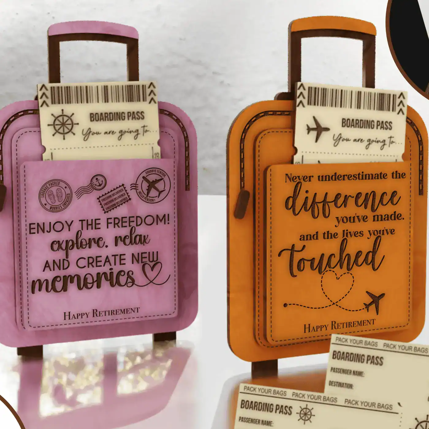Happy Retirement SVG & XCS Laser Cut File – Cute Luggage Gift with Boarding Passes (Ship & Plane) + Display Stand