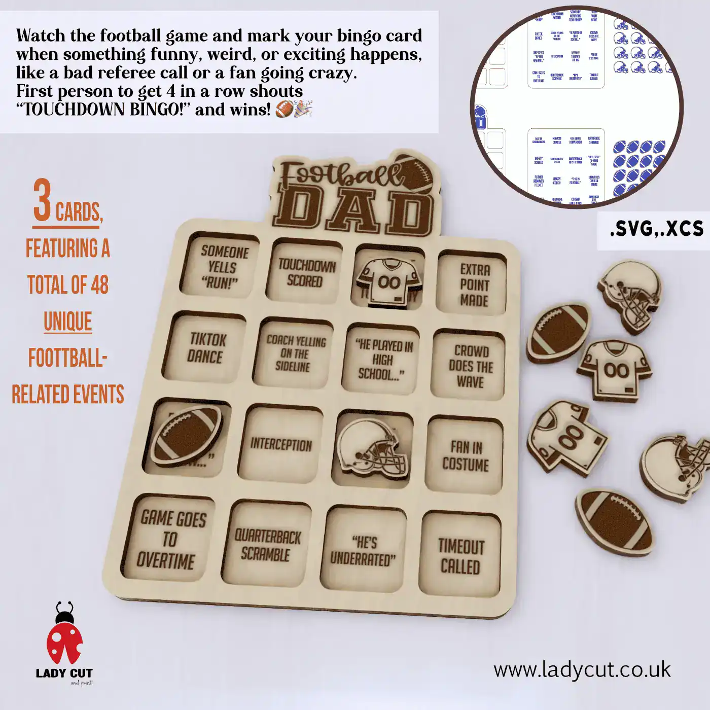 Football Bingo SVG & XCS – 3 different Cards, 48 Events – Laser Cut Game for Football Fans