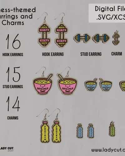 Laser Cut Earring & Charm SVG/XCS Bundle – Fitness Theme + 3 Elegant Designs (45 Pieces)