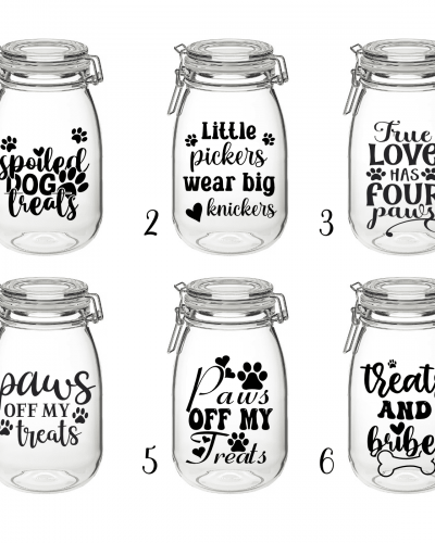 Funny Dog Treat Jar – Clear Glass Jar with Lid & Vinyl Decal (1.8L)
