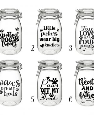 Funny Dog Treat Jar – Clear Glass Jar with Lid & Vinyl Decal (1.8L)