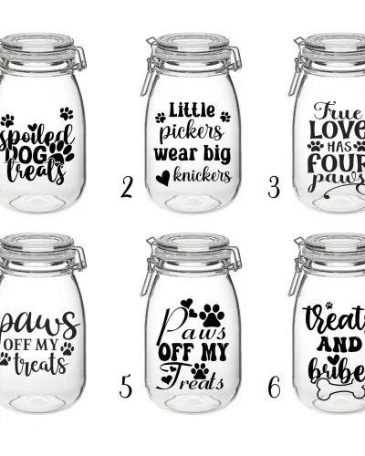 Funny Dog Treat Jar – Clear Glass Jar with Lid & Vinyl Decal (1.8L)