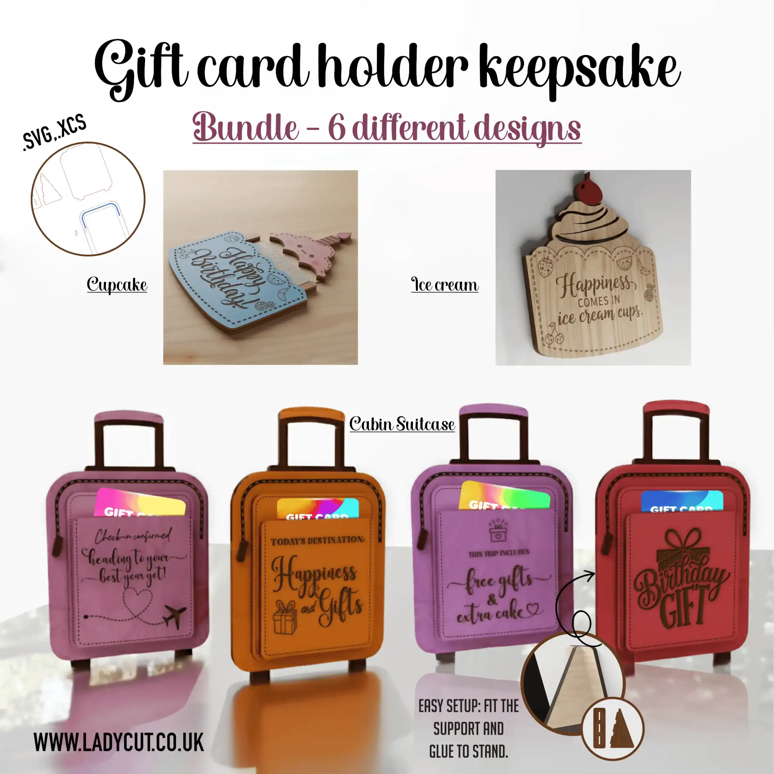 Creative Wooden Gift Card Holders – 6 different designs- Laser Cut Files – SVG, XCS