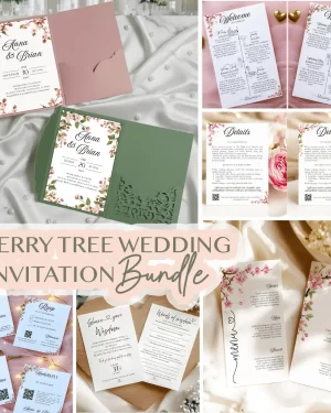 Canva Template Cherry Tree Invitation Bundle: Invitation, Menu, Welcome, Details, RSVP & Pocket for cutting machines