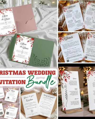 Canva Template Christmas Invitation Bundle: Invitation, Menu, Welcome, Details, RSVP & Pocket for cutting machines