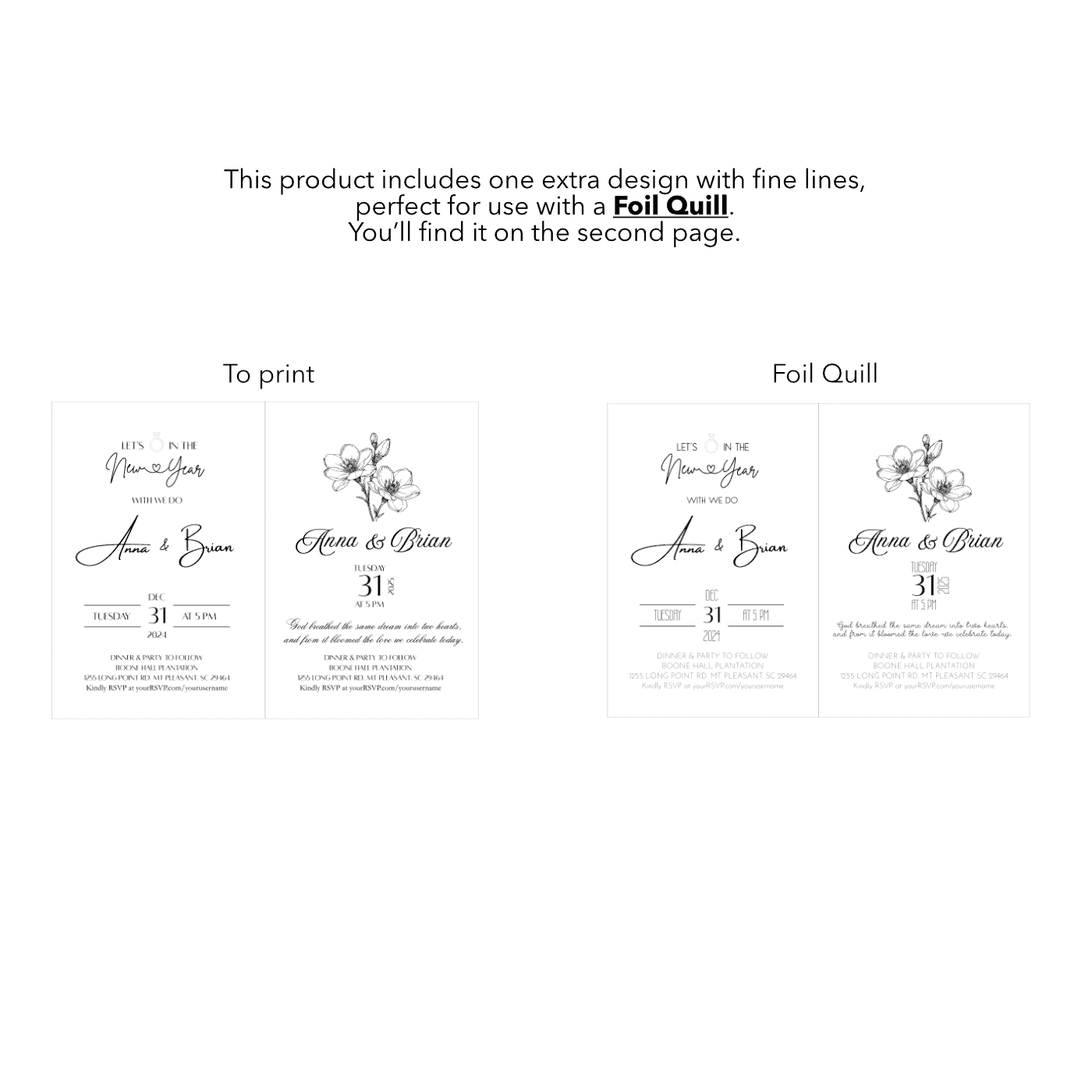 Canva Template – Bundle: New Year’s wedding invitation with Pocket: Invitations, Wisdom, Menus, Welcomes, Details, Rsvp