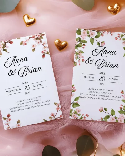 Canva Template Cherry Tree Invitation Bundle: Invitation, Menu, Welcome, Details, RSVP & Pocket for cutting machines