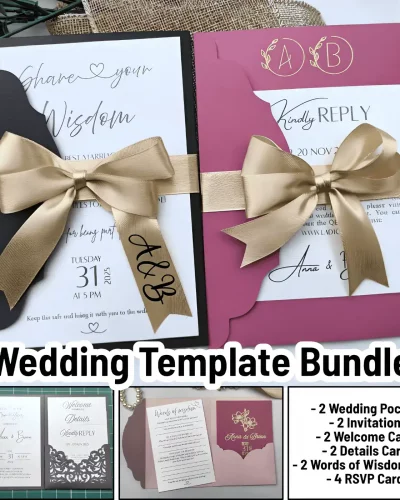 Canva Template – Bundle: New Year’s wedding invitation with Pocket: Invitations, Wisdom, Menus, Welcomes, Details, Rsvp