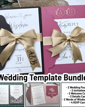 Canva Template – Bundle: New Year’s wedding invitation with Pocket: Invitations, Wisdom, Menus, Welcomes, Details, Rsvp