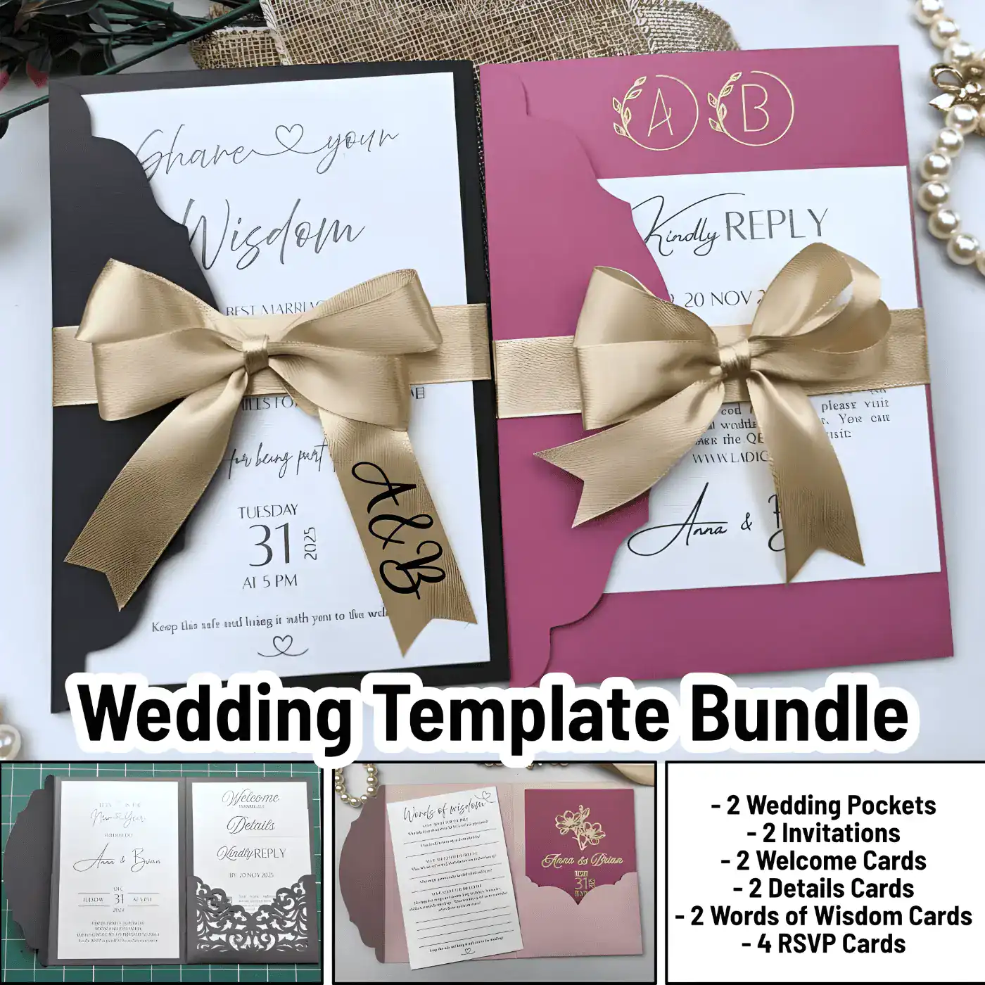 Canva Template – Bundle: New Year’s wedding invitation with Pocket: Invitations, Wisdom, Menus, Welcomes, Details, Rsvp