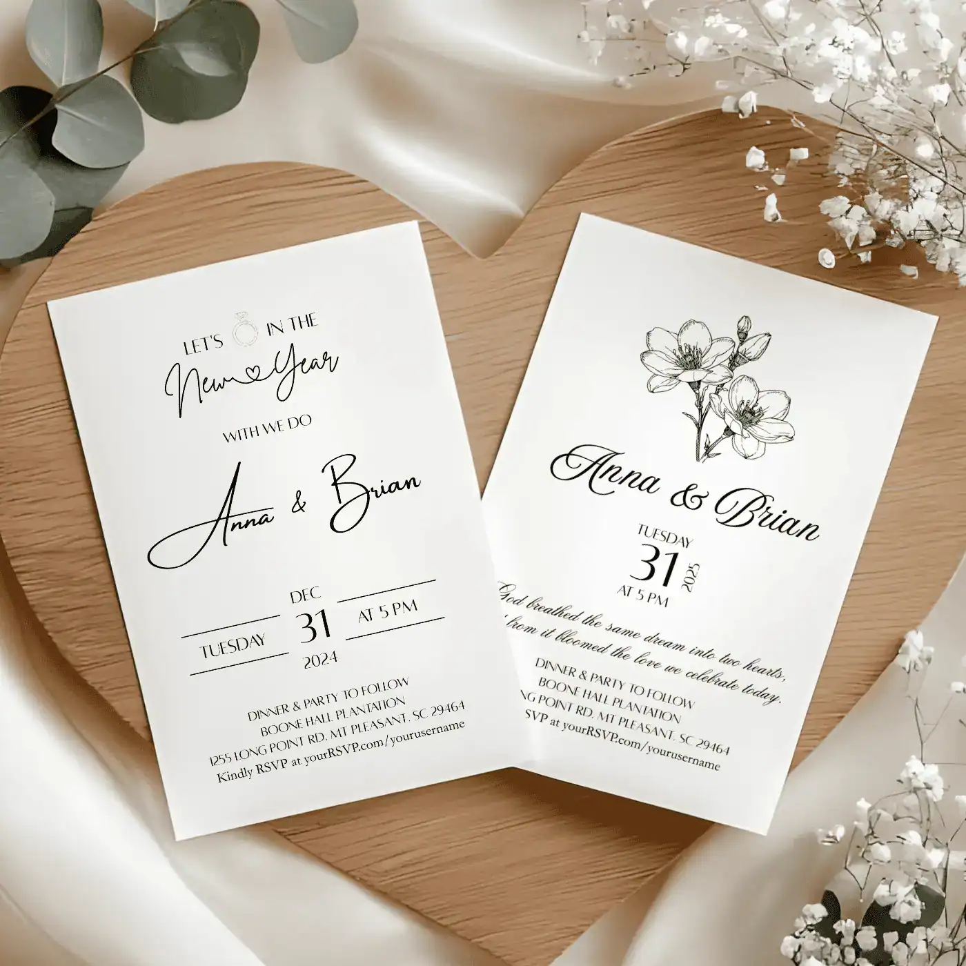 Canva Template – Bundle: New Year’s wedding invitation with Pocket: Invitations, Wisdom, Menus, Welcomes, Details, Rsvp