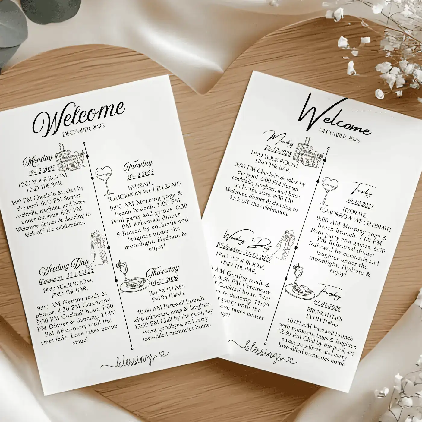 Canva Template – Bundle: New Year’s wedding invitation with Pocket: Invitations, Wisdom, Menus, Welcomes, Details, Rsvp