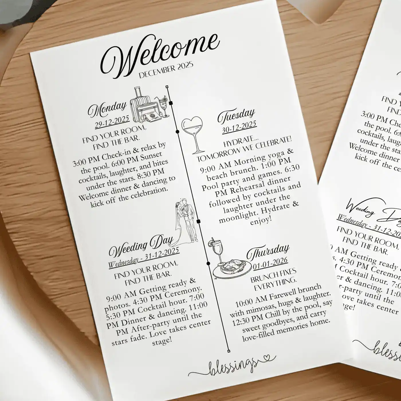Canva Template – Bundle: New Year’s wedding invitation with Pocket: Invitations, Wisdom, Menus, Welcomes, Details, Rsvp