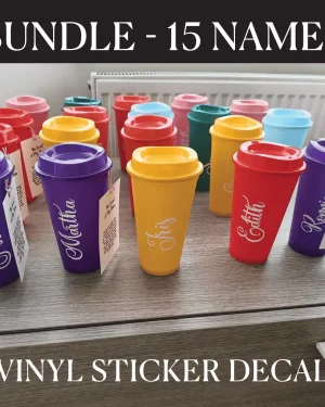 BUNDLE – 15 NAMES – up to 12cm – Vinyl decal sticker personalised – for cups, balloons, party bags, personalisation